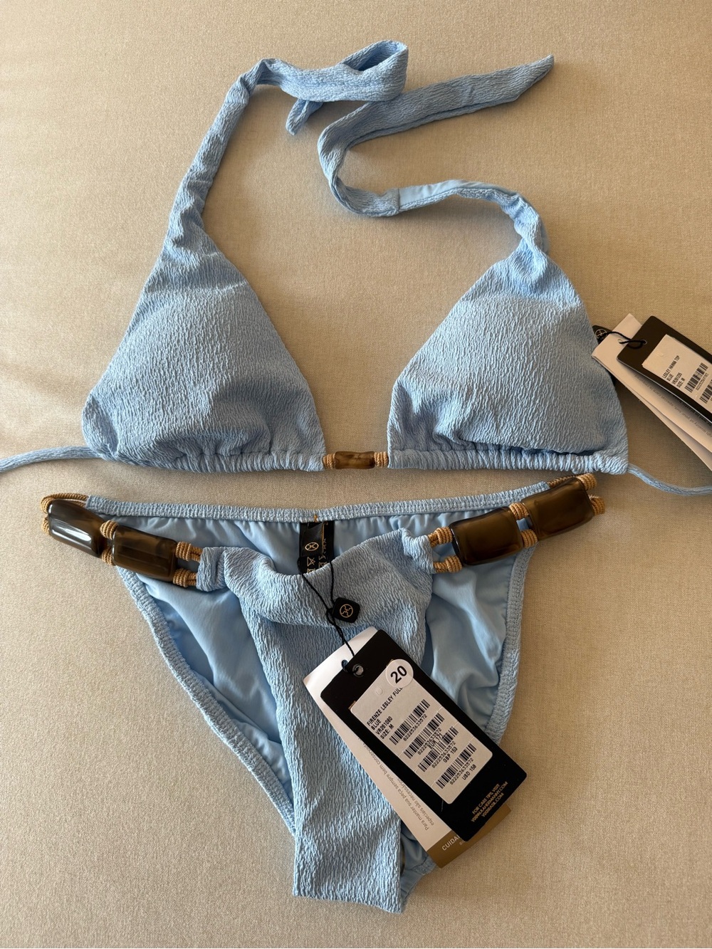 Vix Paula Hermanny Light Blue Textured Triangle Bikini with Bamboo Detail